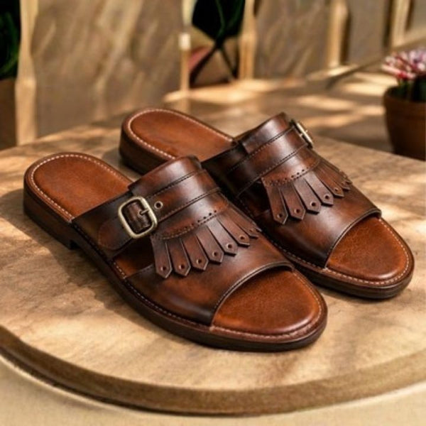 Zal Brown Patina Leather Kiltie Buckle Sandal