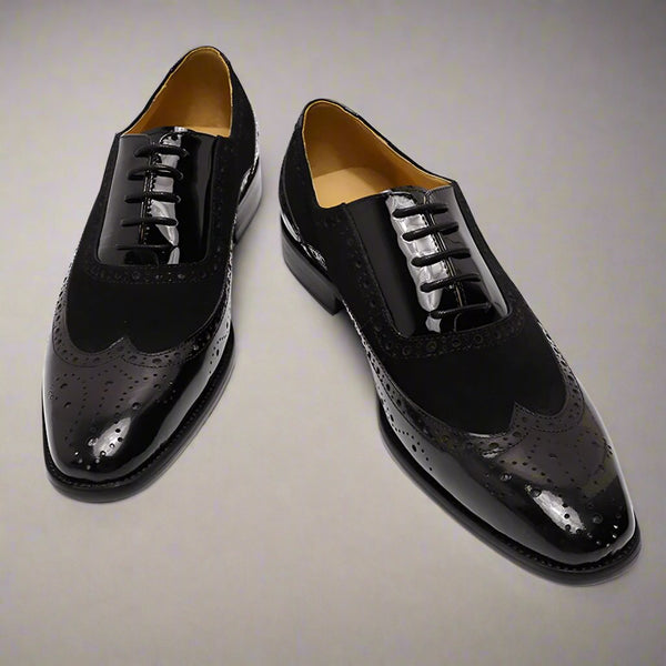 Black Patent Leather Suede Formal Wingtip Oxford Brogue Lace Up Shoes for Men. Manmade Comfortable Sole. Customization Available.