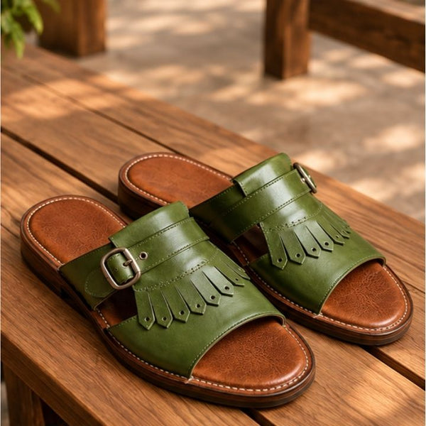 Zal Green Leather Kiltie Buckle Sandal