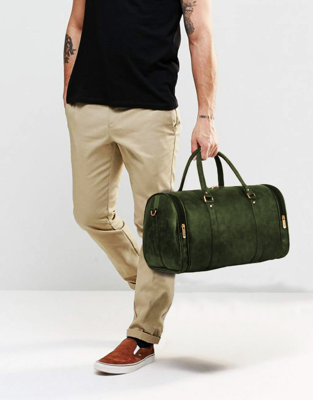Olive Green Antique Vegan Leather Duffel Bag