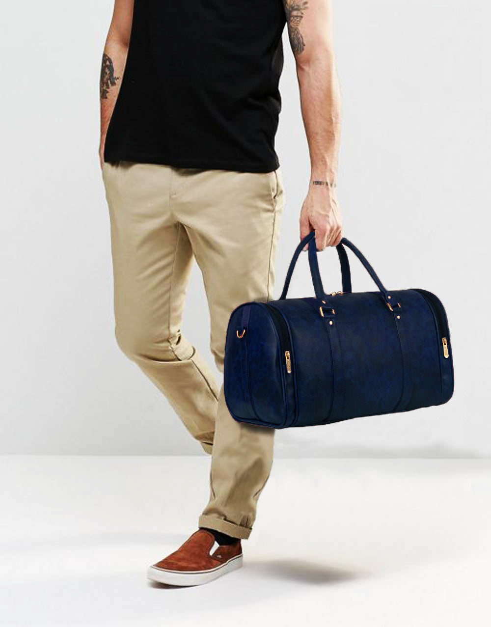 Navy Blue Antique Vegan Leather Duffel Bag