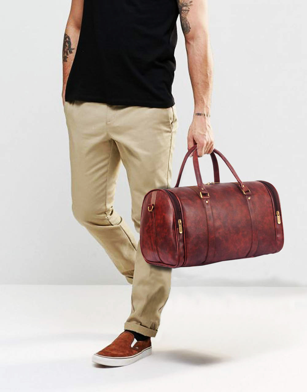 Brown Antique Vegan Leather Duffel Bag