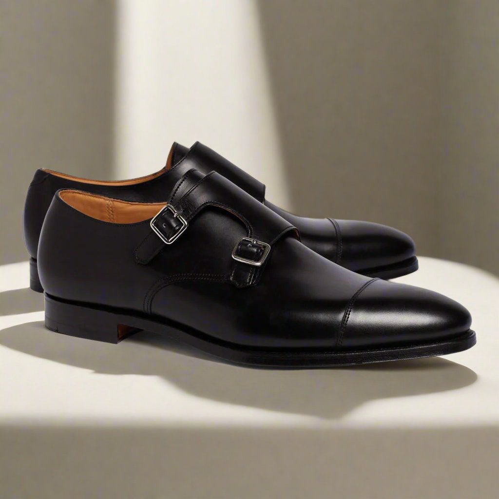 Black Leather Double Monkstrap Shoes for Men The Royale Peacock