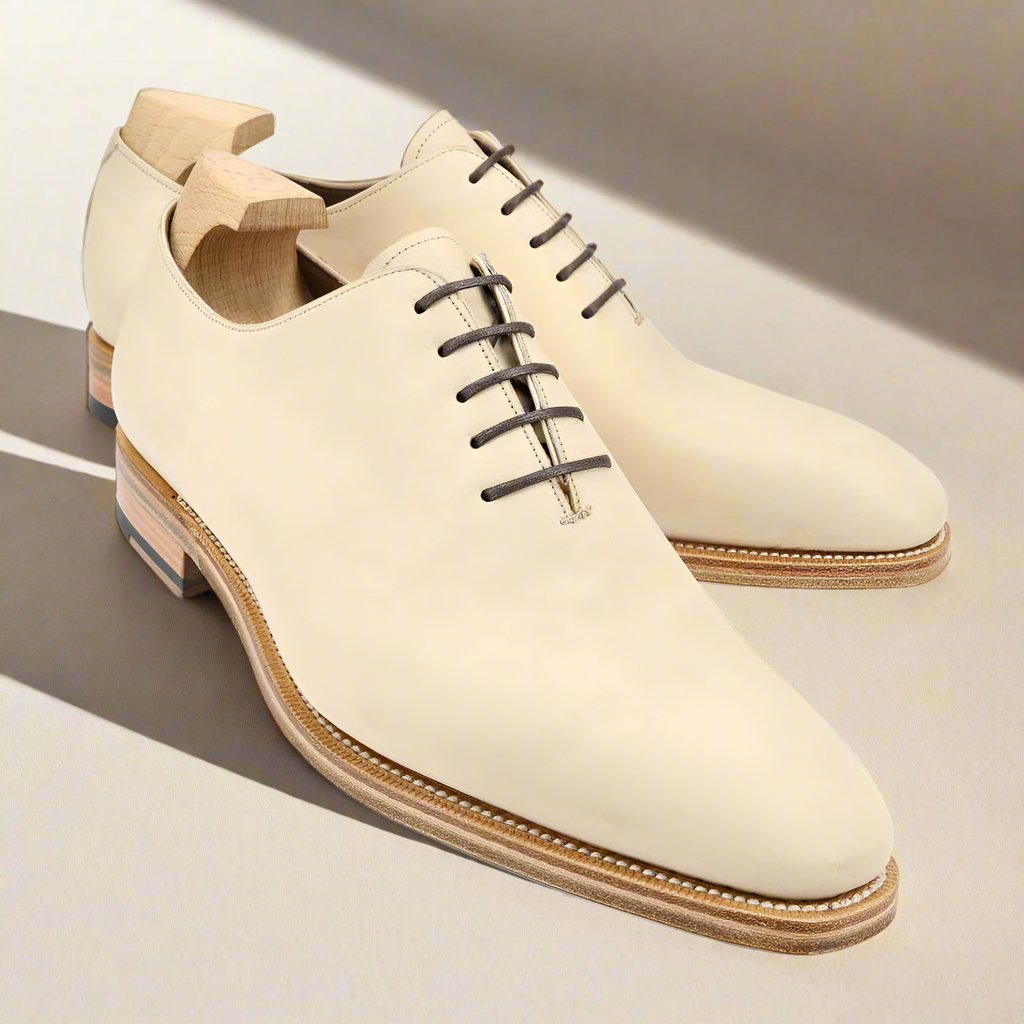 beige mens dress shoes Mens Natural Cap Toe Leather Lace-Up Includes shoe horn and two shoe bags Beige Suede Penny Loafers, Leather