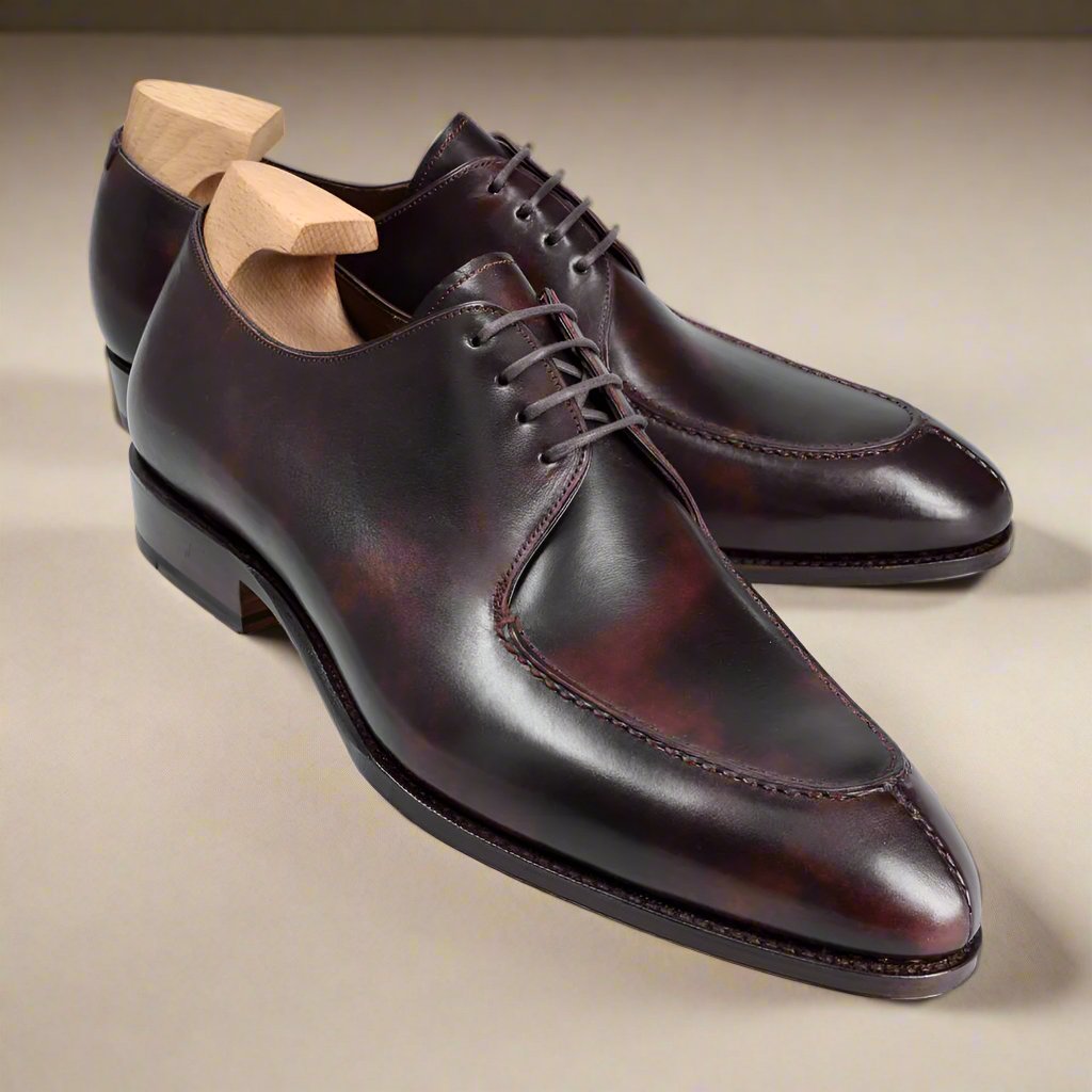 Burgundy Patina Leather Saddle Toe Derby Formal Shoes for Men