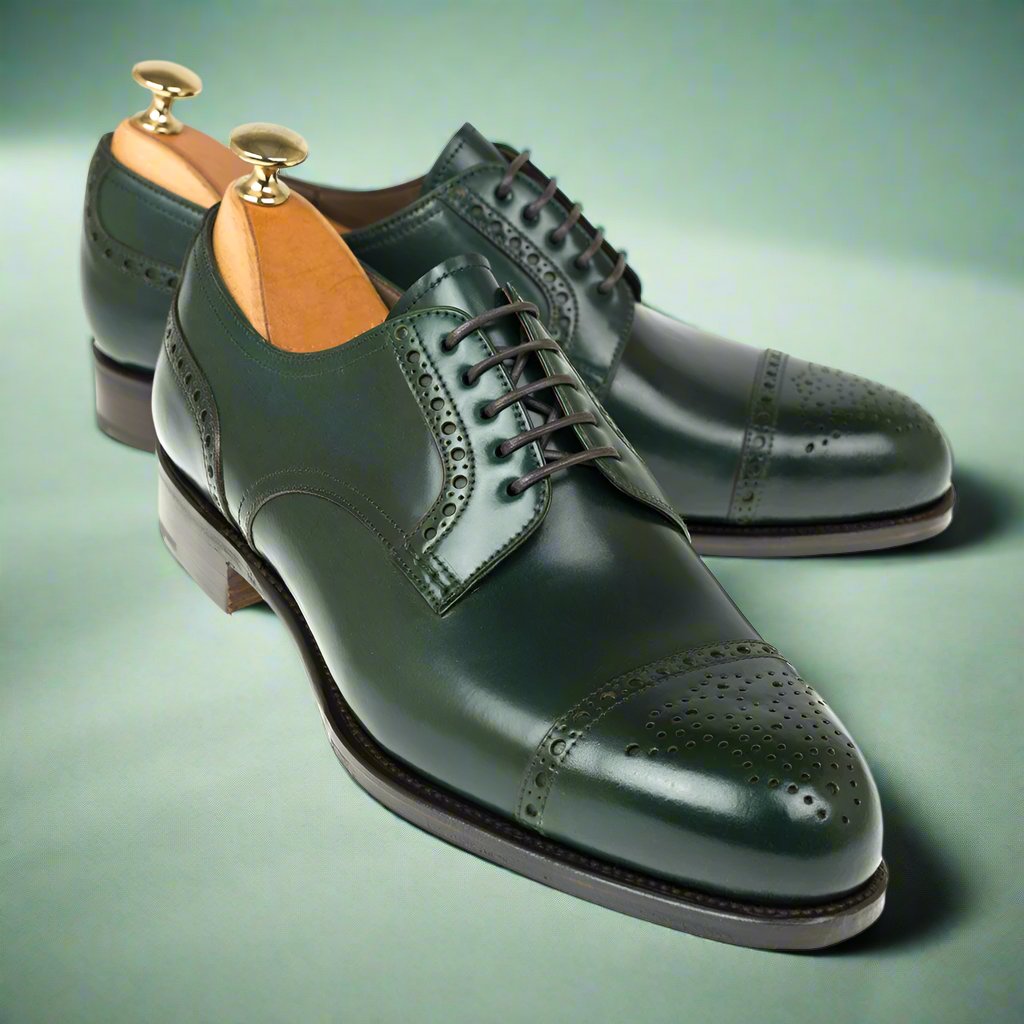 Emerald Green Leather Toe Cap Formal Derby Shoes for Men The Royale Peacock Emerald Green Leather Toe Cap Formal Derby Shoes for Men The Royale Peacock