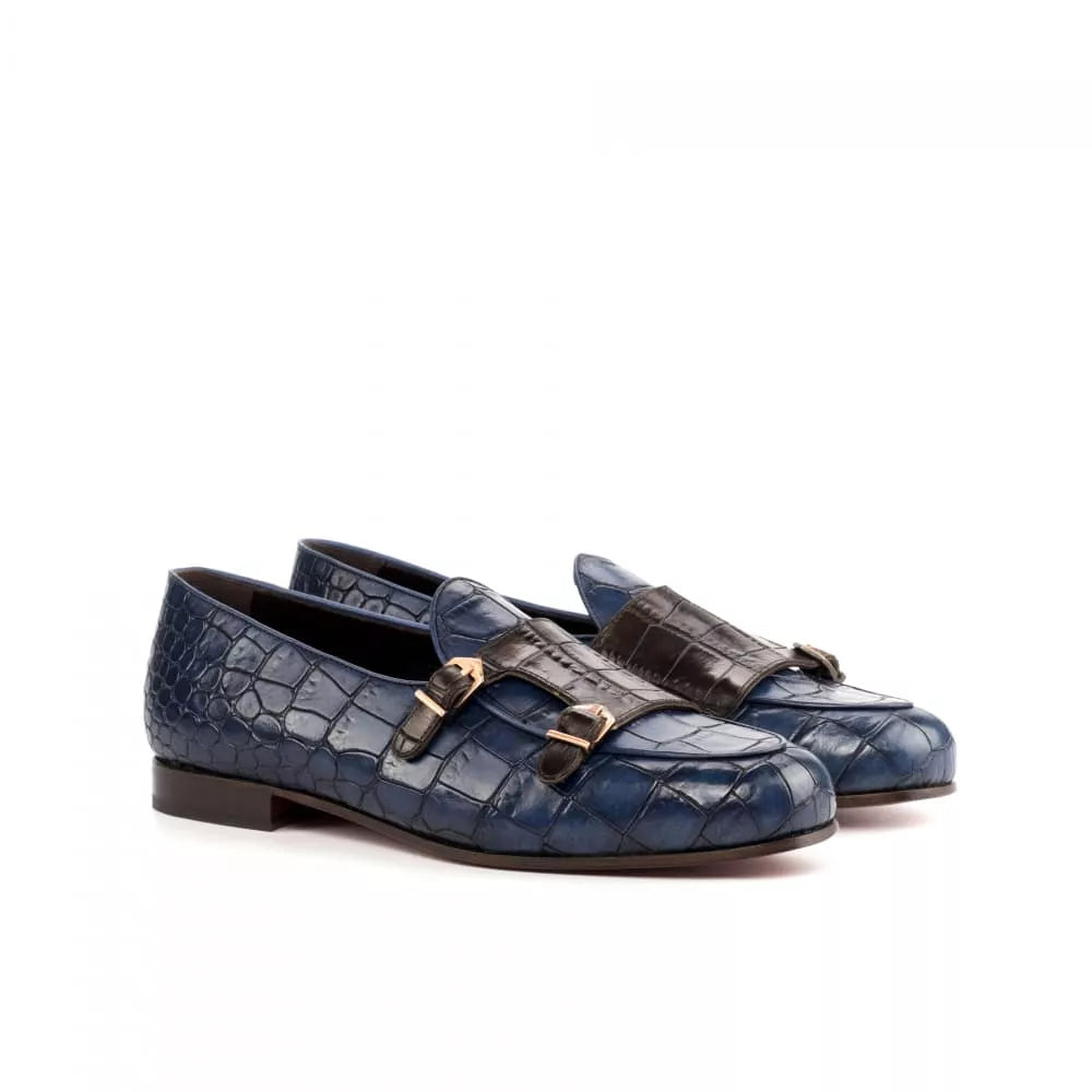 Paul Navy Blue Croco Print Monk Loafer