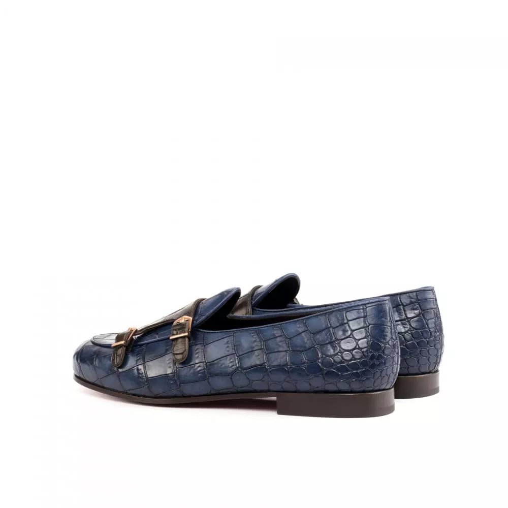 Paul Navy Blue Croco Print Monk Loafer
