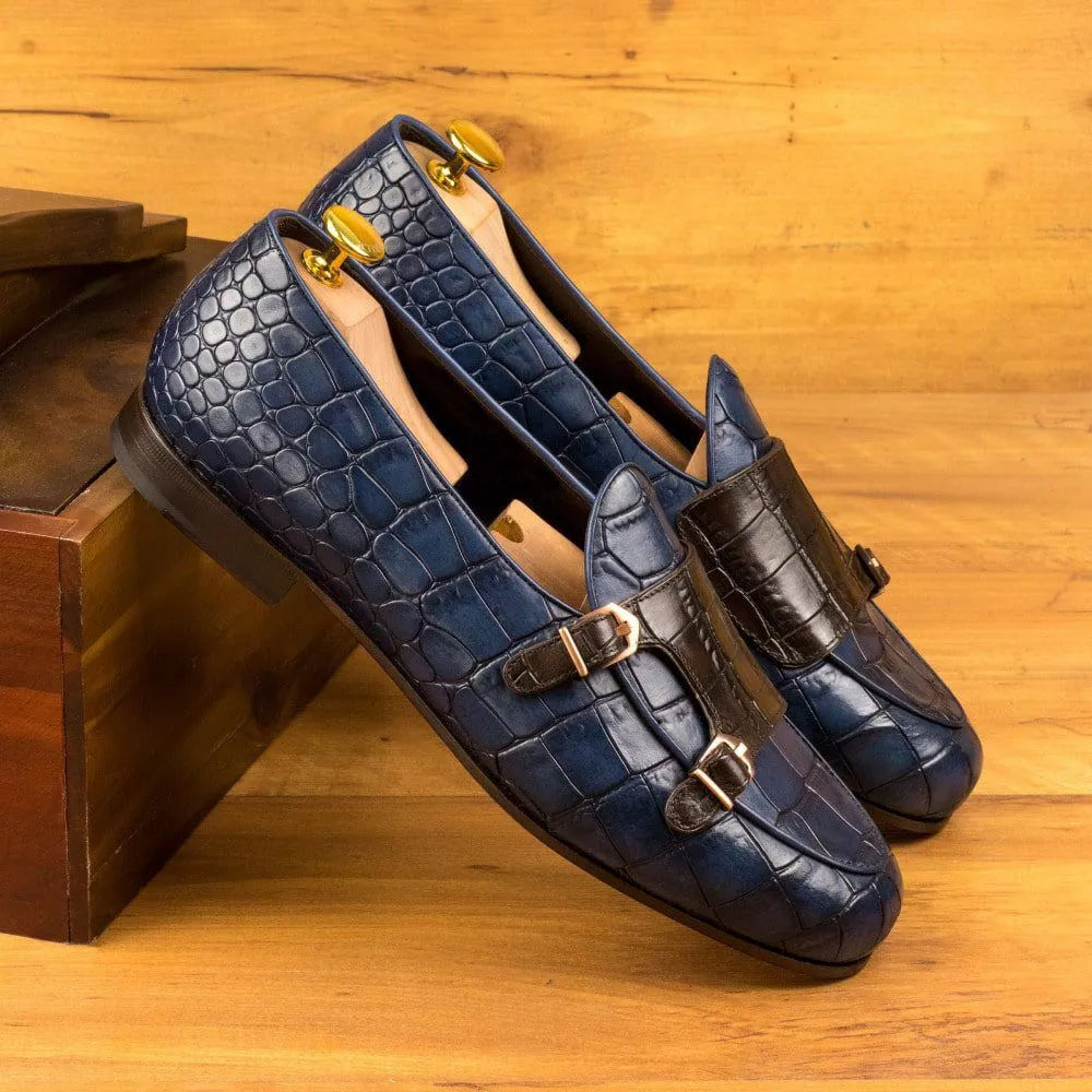 Paul Navy Blue Croco Print Monk Loafer