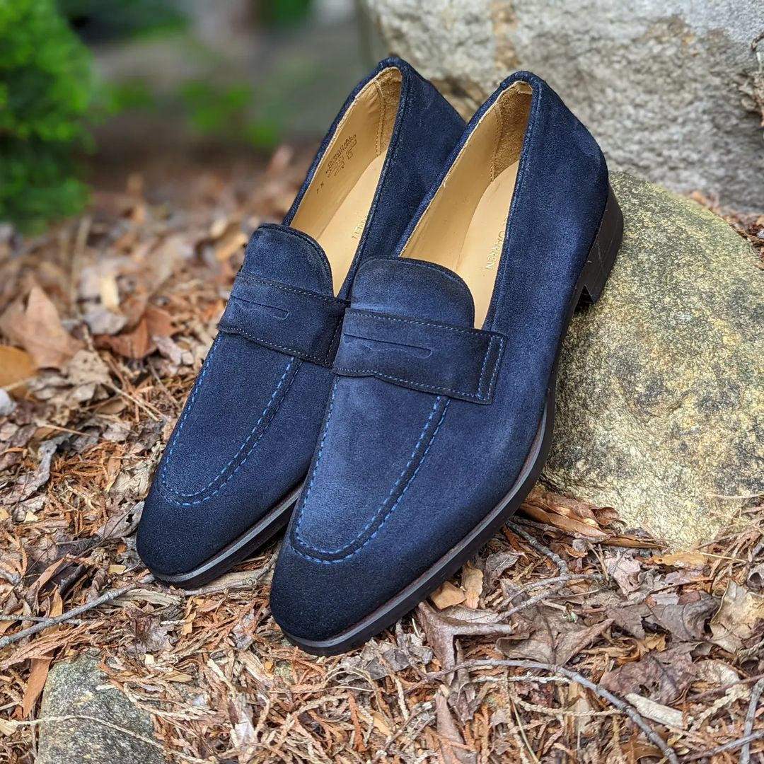 Navy Blue Leather Suede Penny Loafers for Men The Royale Peacock