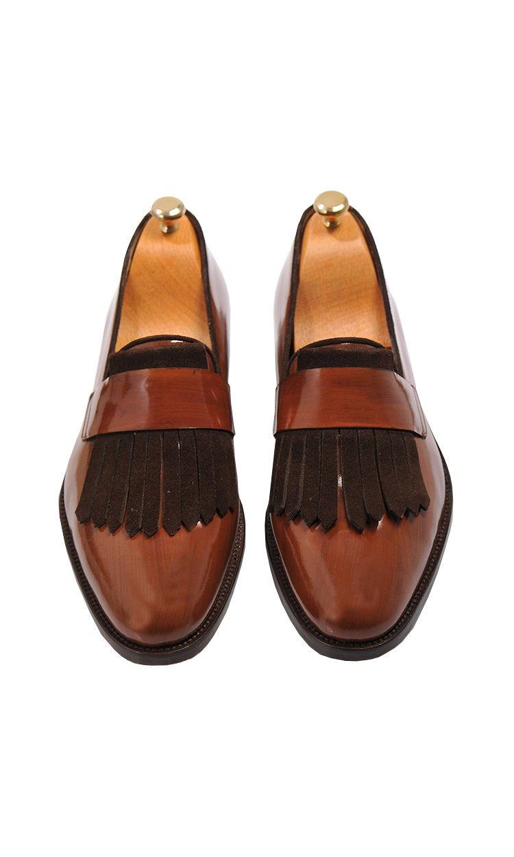 Tan Brown Leather Suede Formal Frill Penny Loafer Slip On Shoes for Men with Leather Sole. Goodyear Welted Construction Available.