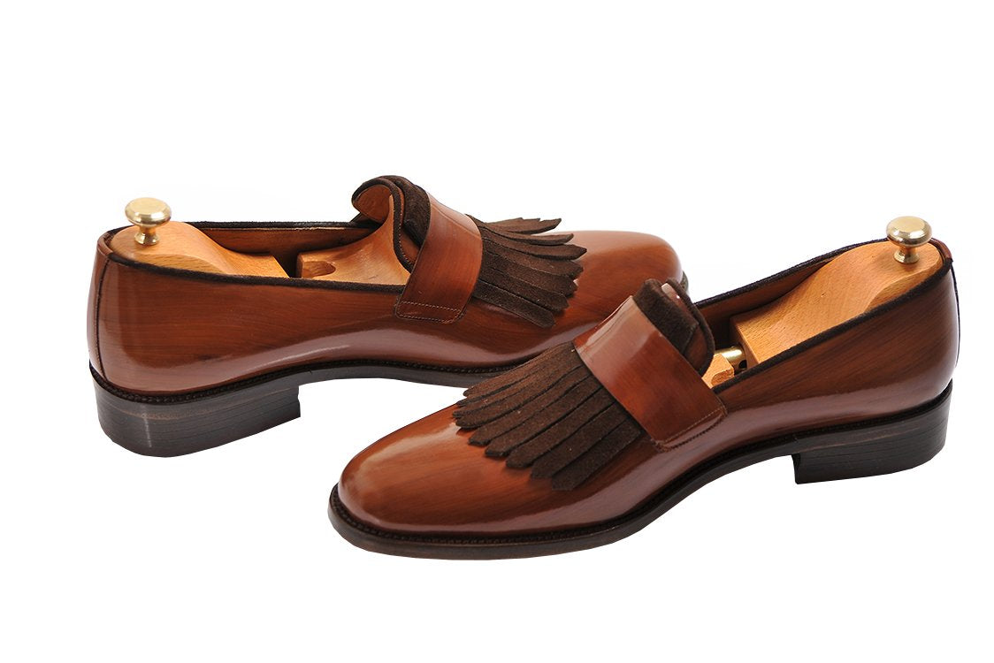 Tan Brown Leather Suede Formal Frill Penny Loafer Slip On Shoes for Men with Leather Sole. Goodyear Welted Construction Available.
