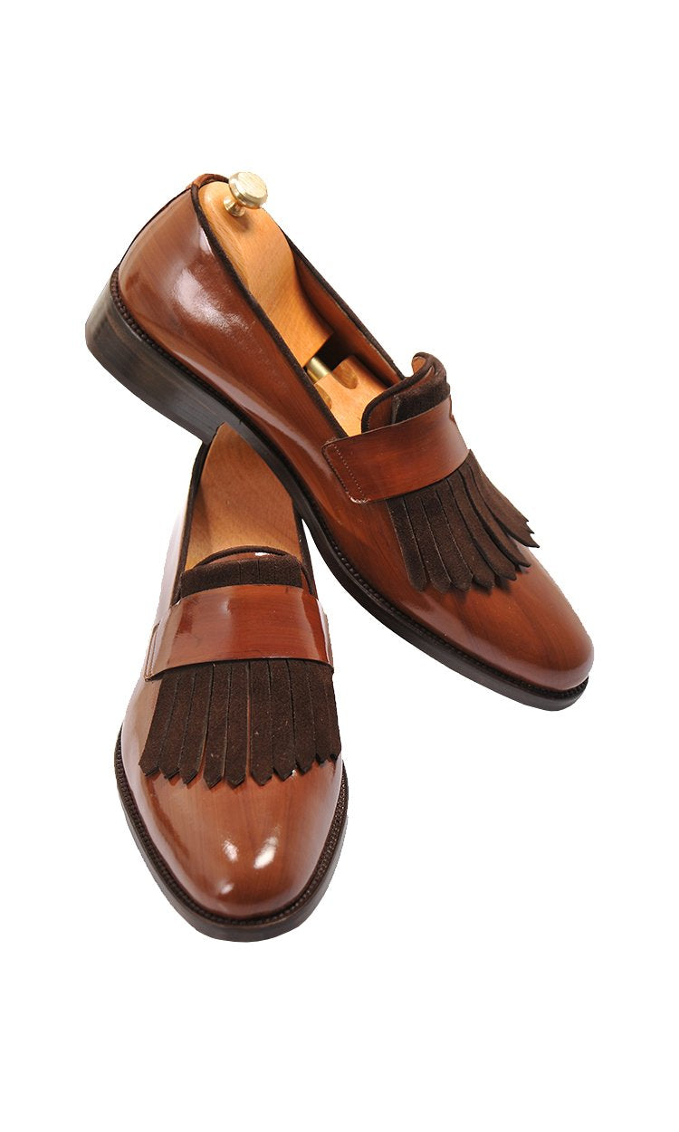 Tan Brown Leather Suede Formal Frill Penny Loafer Slip On Shoes for Men with Leather Sole. Goodyear Welted Construction Available.