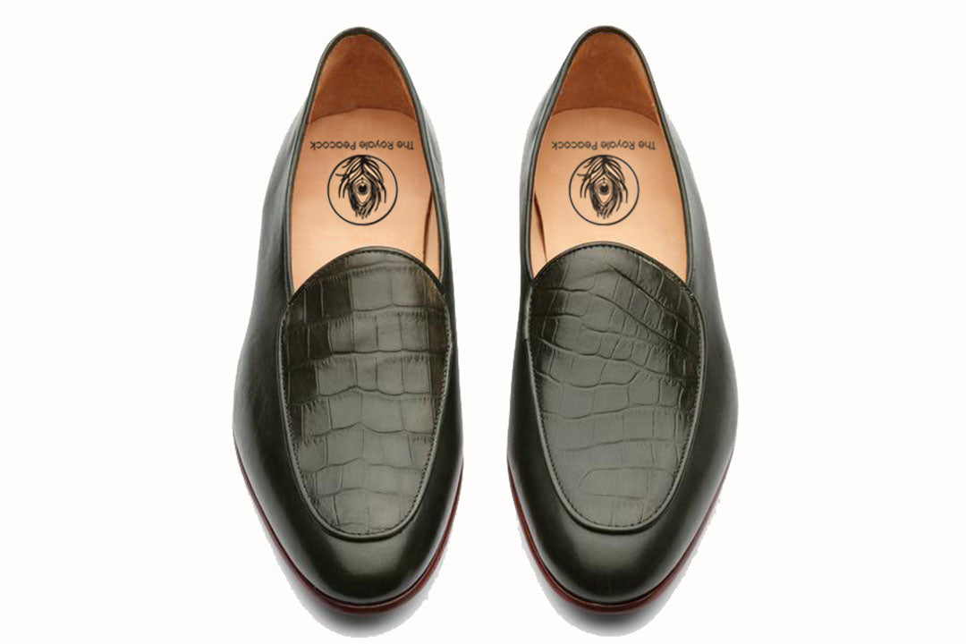 Olive Green Croco Print Leather Formal Loafer Slip On Shoes for Men with Leather Sole. Goodyear Welted Construction Available.