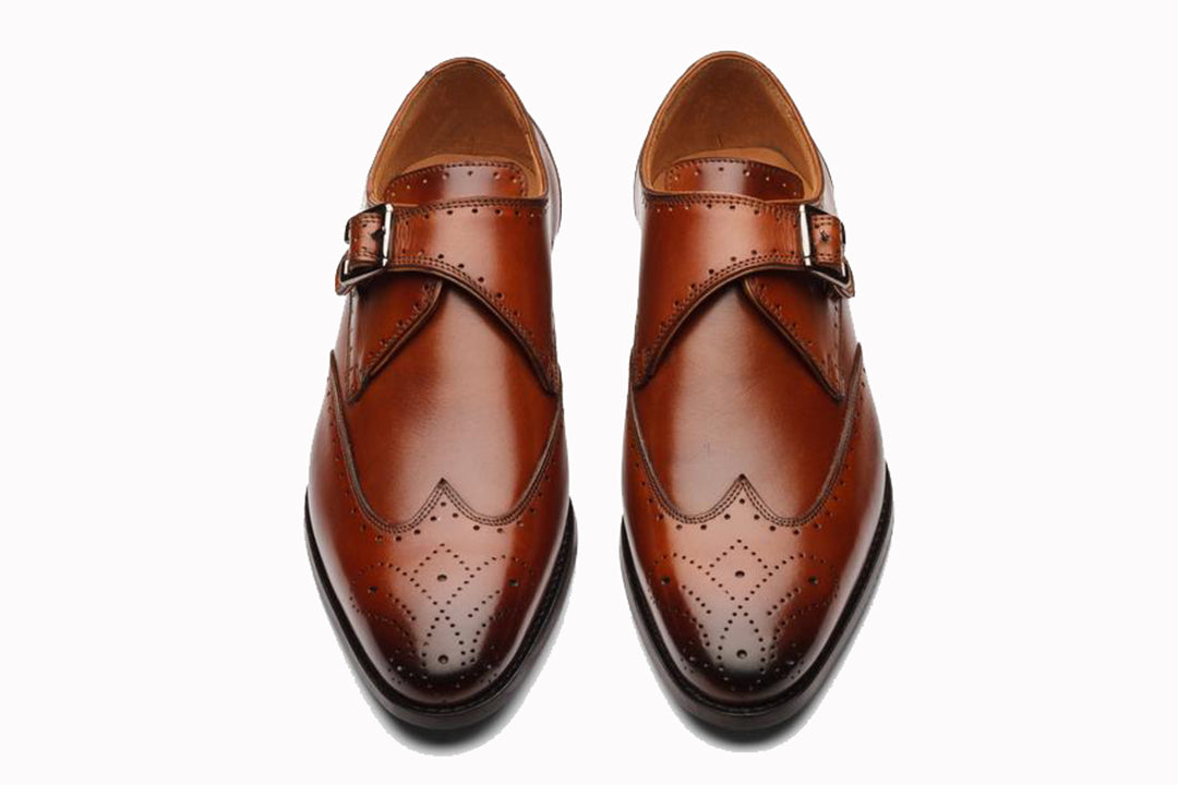 Tan Brown Leather Formal Wingtip Brogue Single Monk Strap Buckle Shoes for Men with Leather Sole. Goodyear Welted Construction Available.