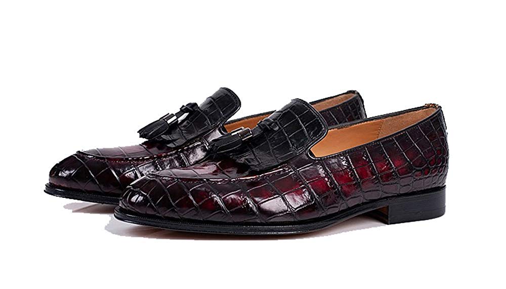 Burgundy Cherry Red Black Croco Print Leather Formal Frill Tassel Loafer Slip On Shoes for Men with Leather Sole. Goodyear Welted Construction Available.