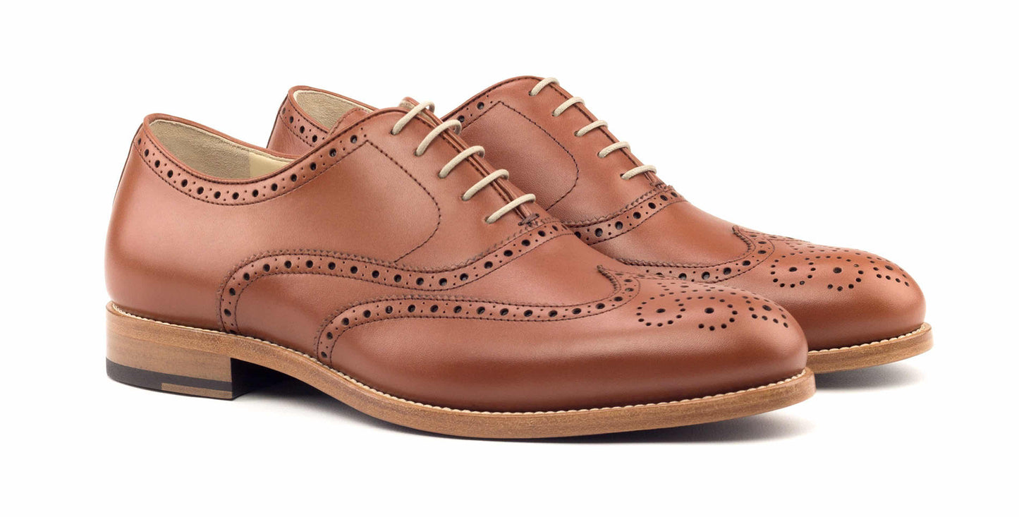 Tan Leather Formal Oxford Wingtip Brogue Lace Up Shoes for Men with Leather Sole. Goodyear Welted Construction Available.