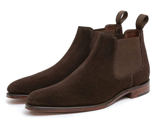 Dark Brown Suede Leather Formal Short Chelsea Slip On Boot Shoes for Men with Leather Sole. Goodyear Welted Construction Available.