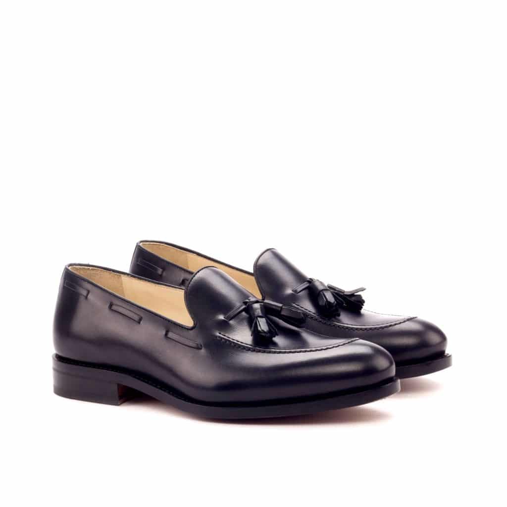Black Leather Formal Tassel Loafer Slip On Shoes for Men with Leather Sole. Goodyear Welted Construction Available.