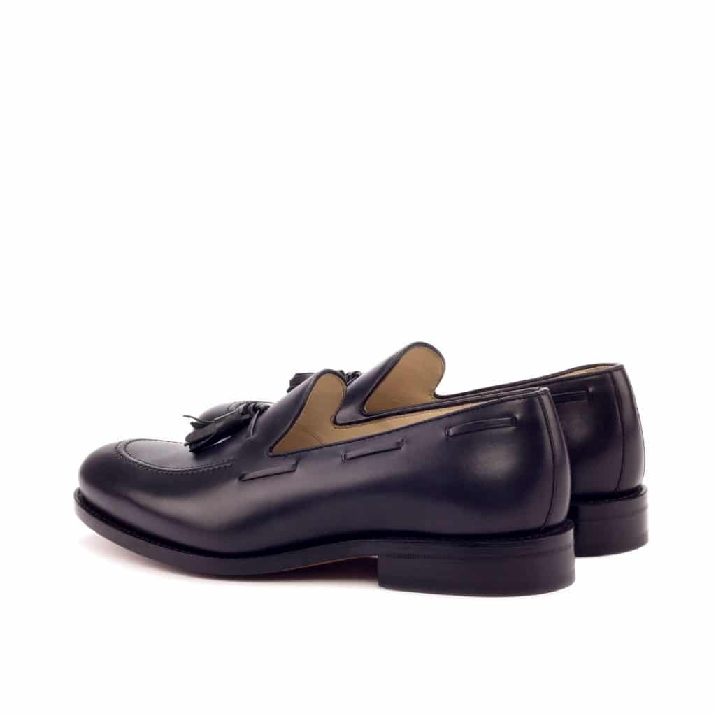 Black Leather Formal Tassel Loafer Slip On Shoes for Men with Leather Sole. Goodyear Welted Construction Available.