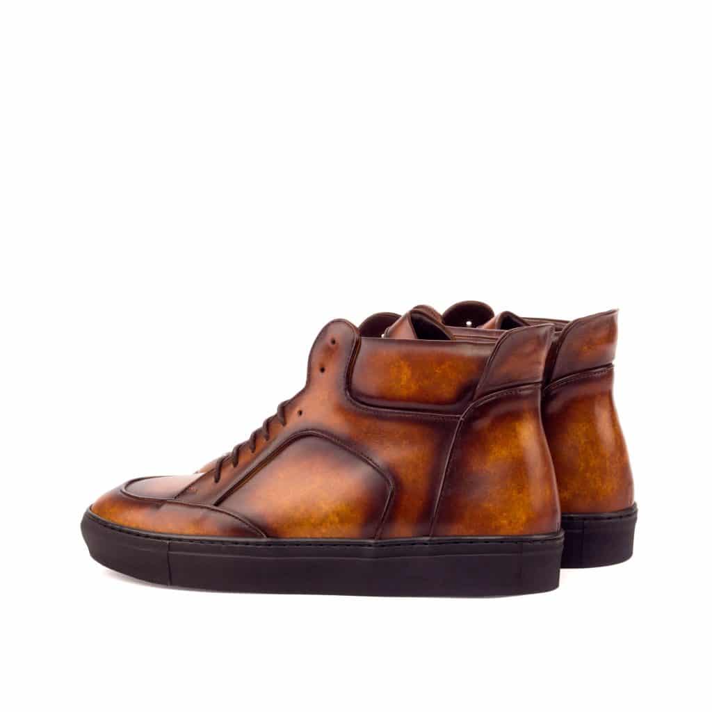 Tan Patina Finish Leather Lace Up High Top Sneaker for Men. Black Comfortable Cup Sole.