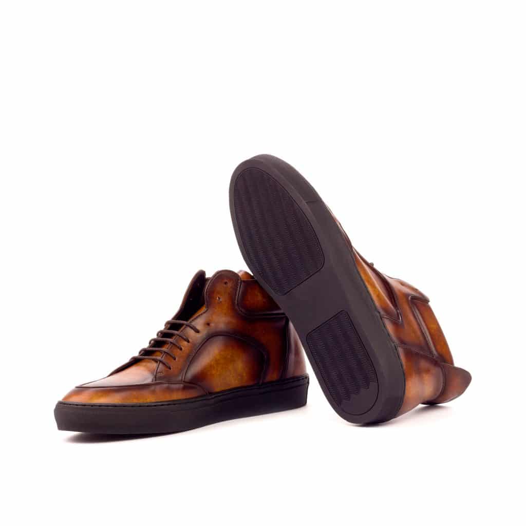 Tan Patina Finish Leather Lace Up High Top Sneaker for Men. Black Comfortable Cup Sole.