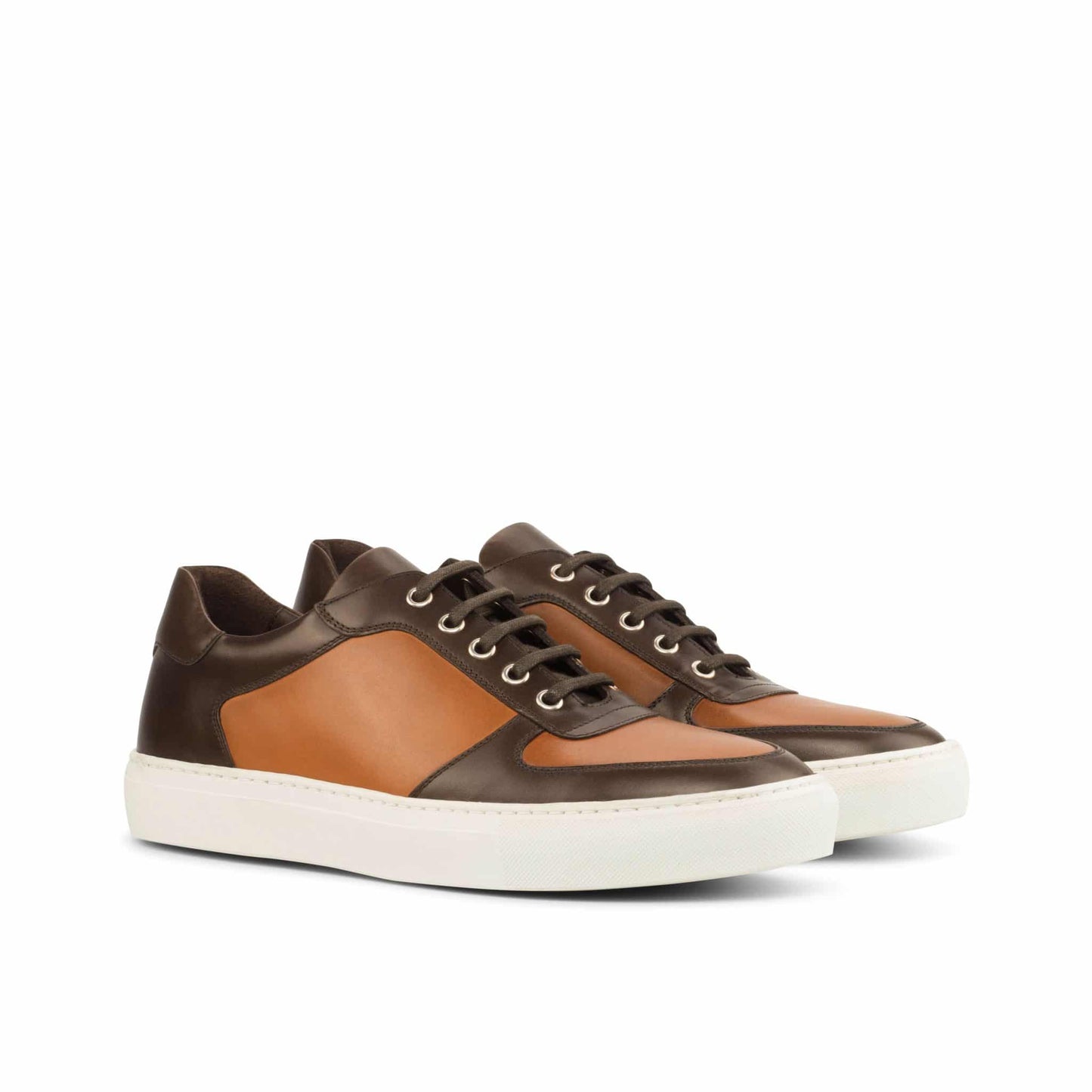 Tan and Brown Leather Low Top Lace Up Sneaker for Men. White Comfortable Cup Sole.