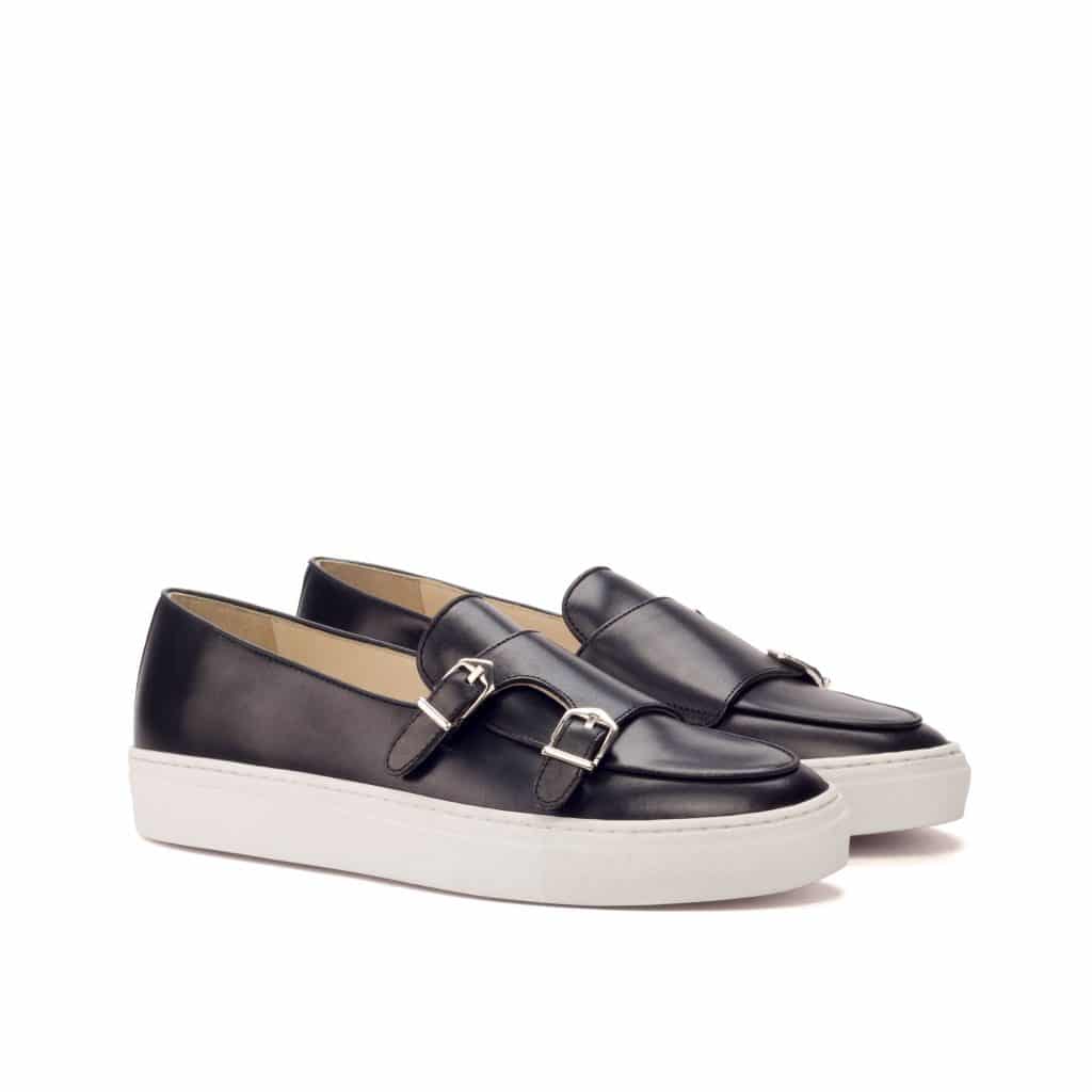 Black Leather Slip On Monk Strap Sneaker for Men. White Comfortable Cup Sole.