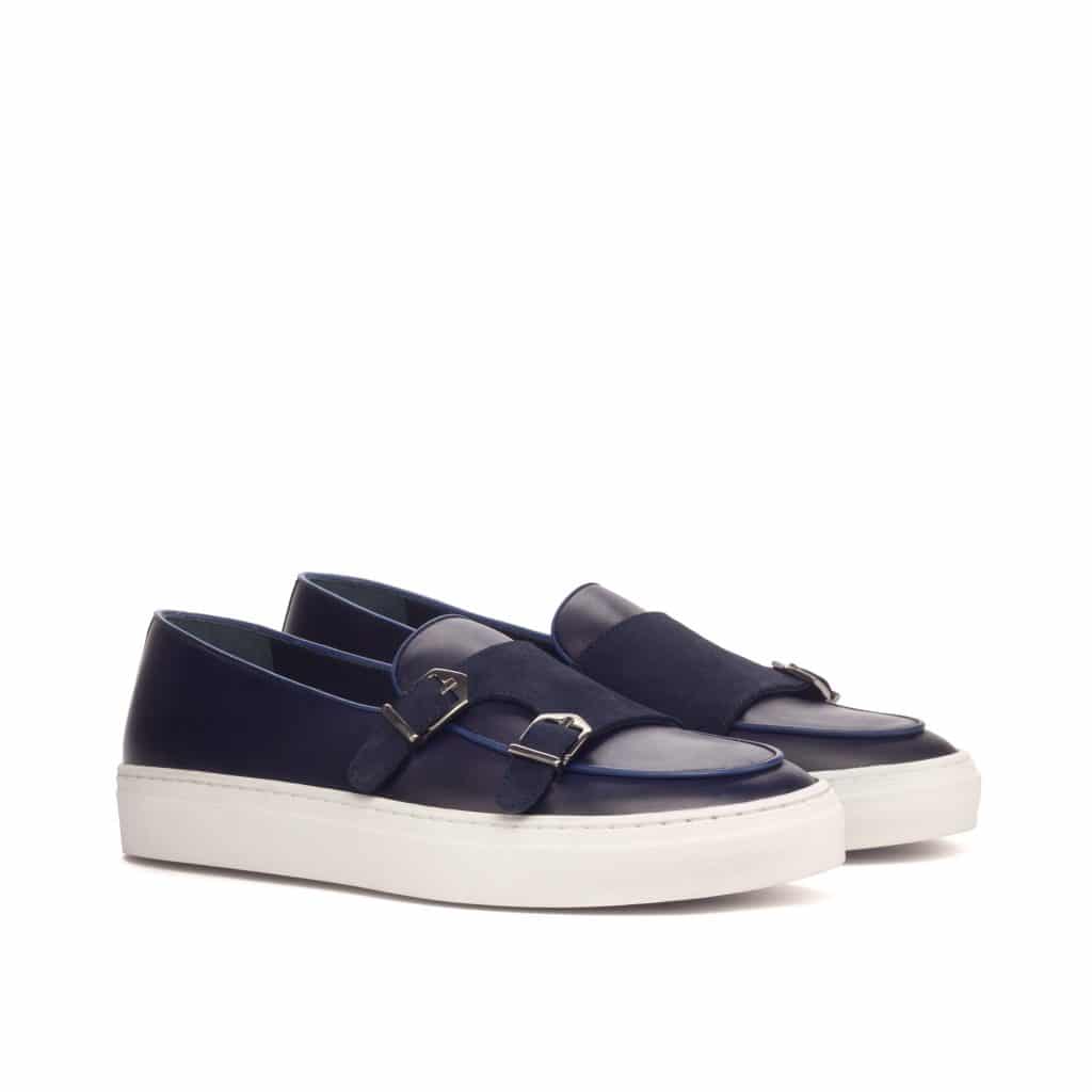 Navy Blue Suede & Leather Slip On Monk Strap Sneaker for Men. White Comfortable Cup Sole.