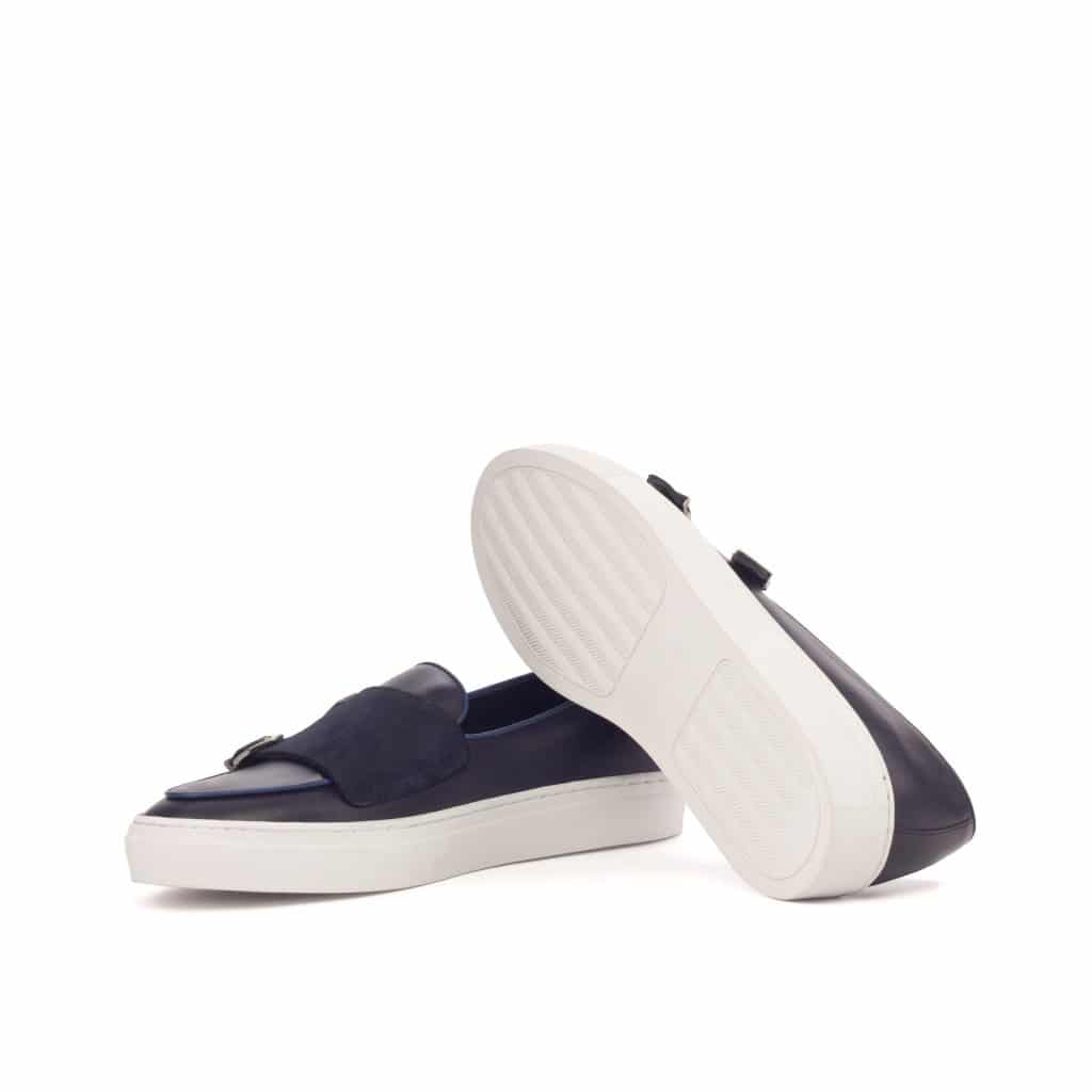Navy Blue Suede & Leather Slip On Monk Strap Sneaker for Men. White Comfortable Cup Sole.