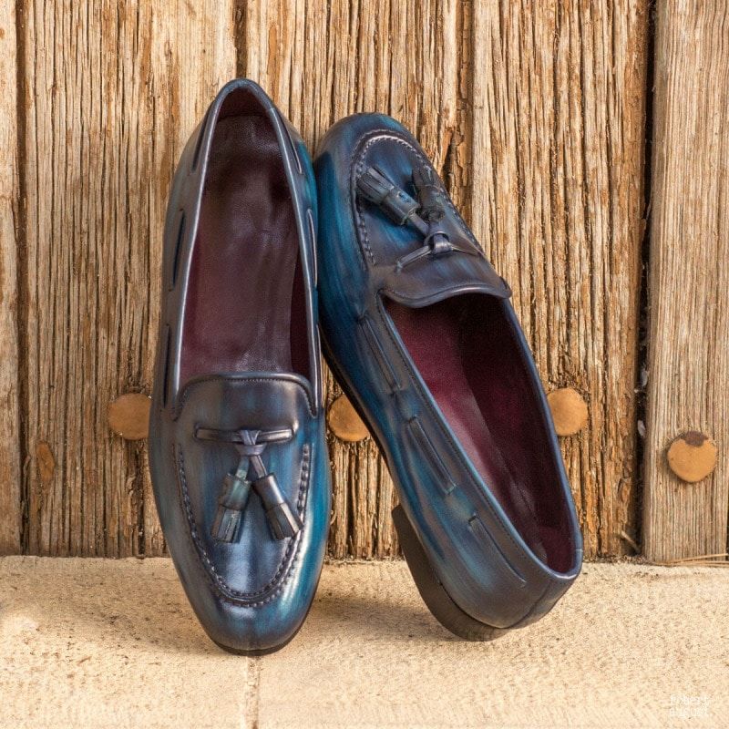 Amelia Navy Blue Patina Finish Belgian Tassel Loafer for Women