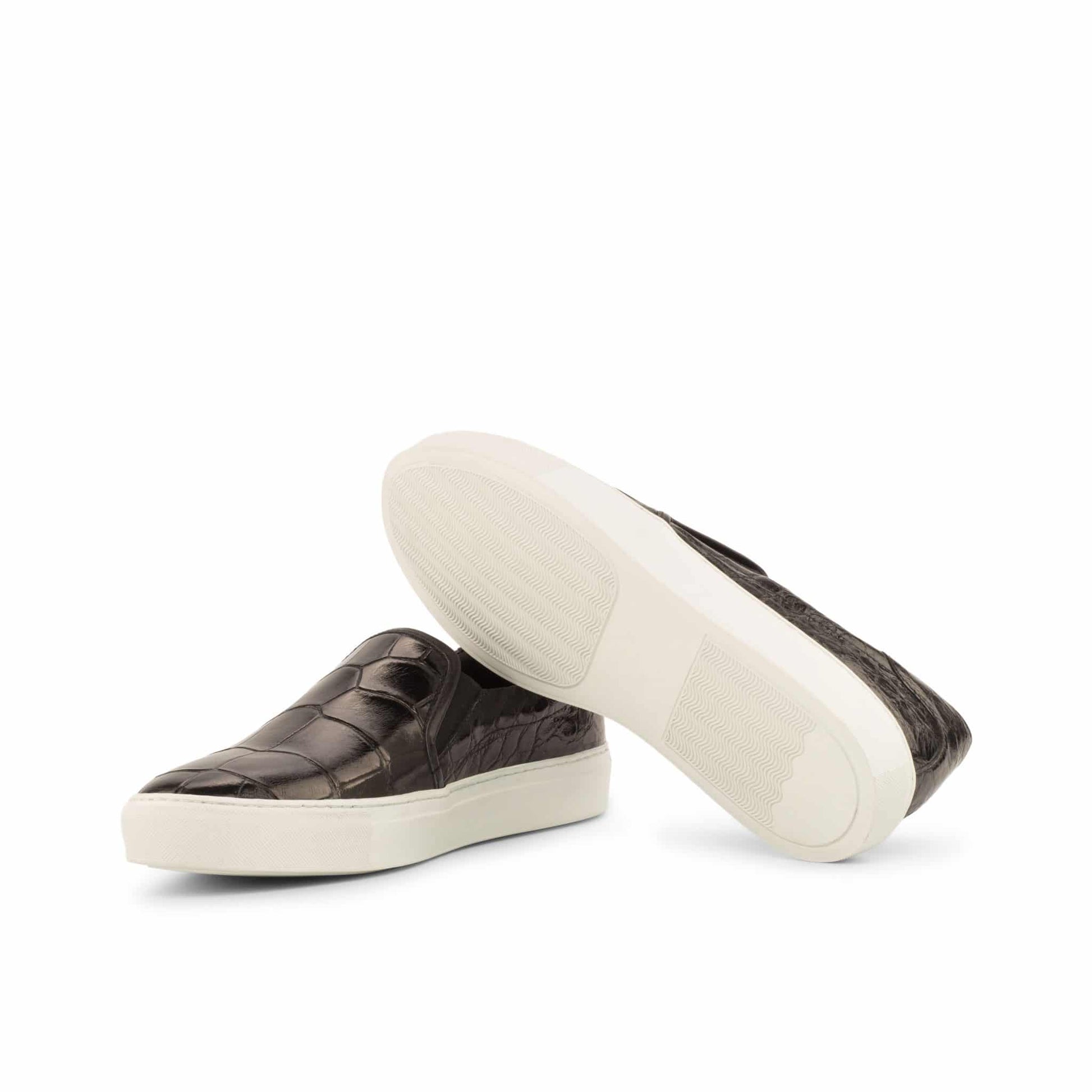 Black Croco Print Leather Slip On Loafer Sneaker for Men. White Comfortable Cup Sole.