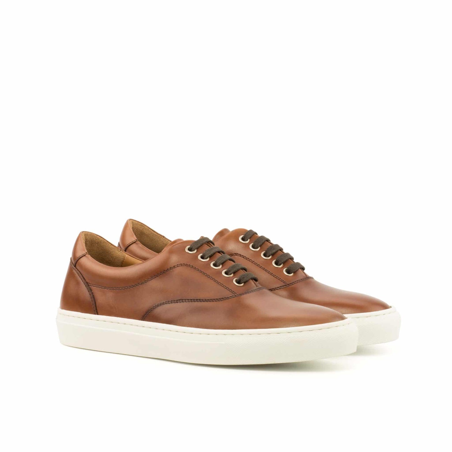 Tan Leather Low Top Lace Up Sneaker for Men. White Comfortable Cup Sole.