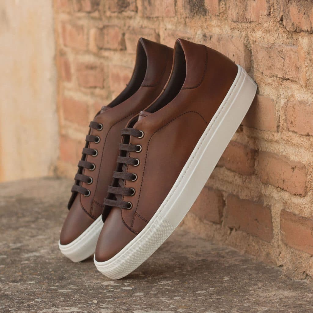 Dark Brown Leather Low Top Lace Up Sneaker for Men. White Comfortable Cup Sole.