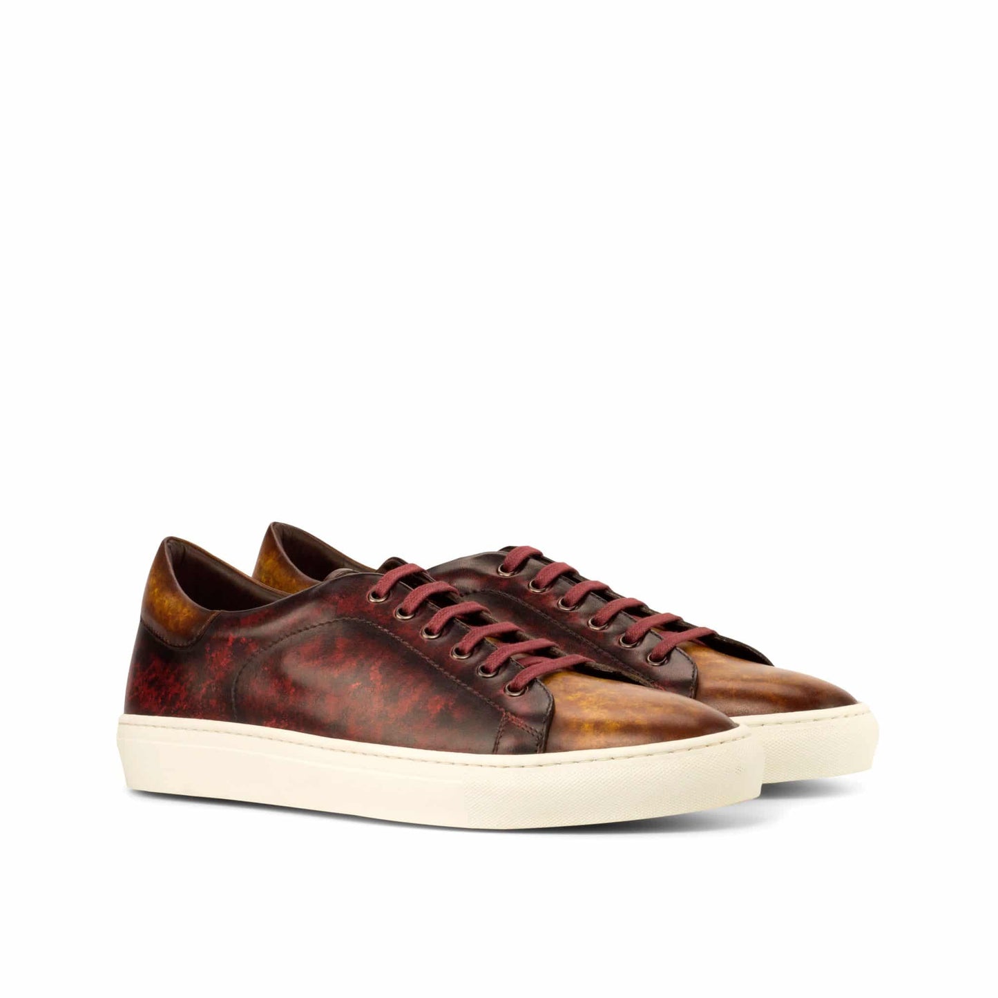 Tan Burgundy Patina Finish Leather Low Top Lace Up Sneaker for Men. White Comfortable Cup Sole.