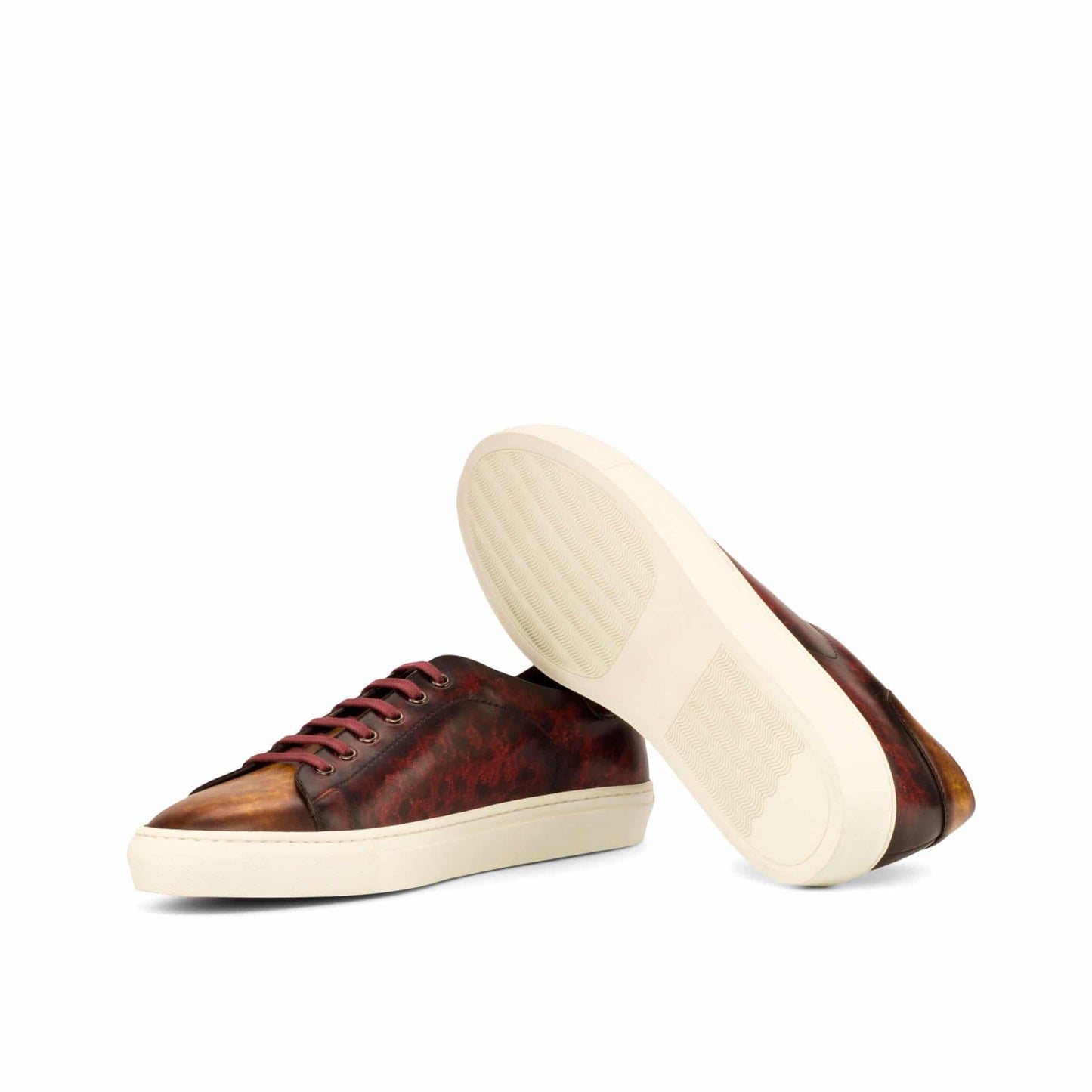 Tan Burgundy Patina Finish Leather Low Top Lace Up Sneaker for Men. White Comfortable Cup Sole.