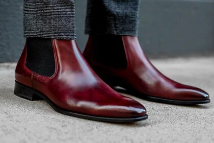 Burgundy Ox Blood Red Leather Formal Chelsea Boot Slip On Shoes for Men with Leather Sole. Goodyear Welted Construction Available.