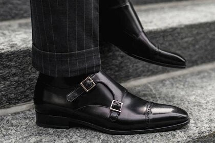 Black Leather Formal Toe Cap Double Monk Strap Buckle Boot Shoes for Men with Leather Sole. Goodyear Welted Construction Available.