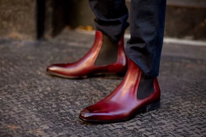 Burgundy Ox Blood Red Leather Formal Chelsea Boot Slip On Shoes for Men with Leather Sole. Goodyear Welted Construction Available.