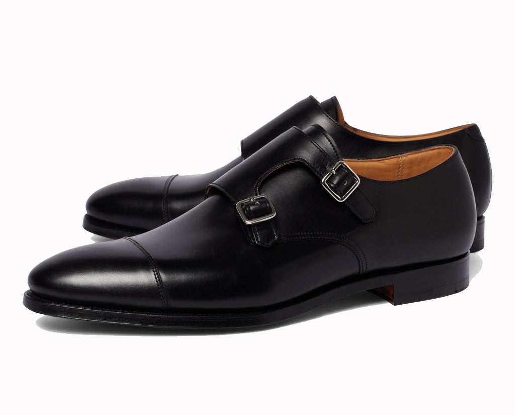 Black Leather Formal Double Monk Strap Buckle Shoes for Men with Leather Sole. Goodyear Welted Construction Available.