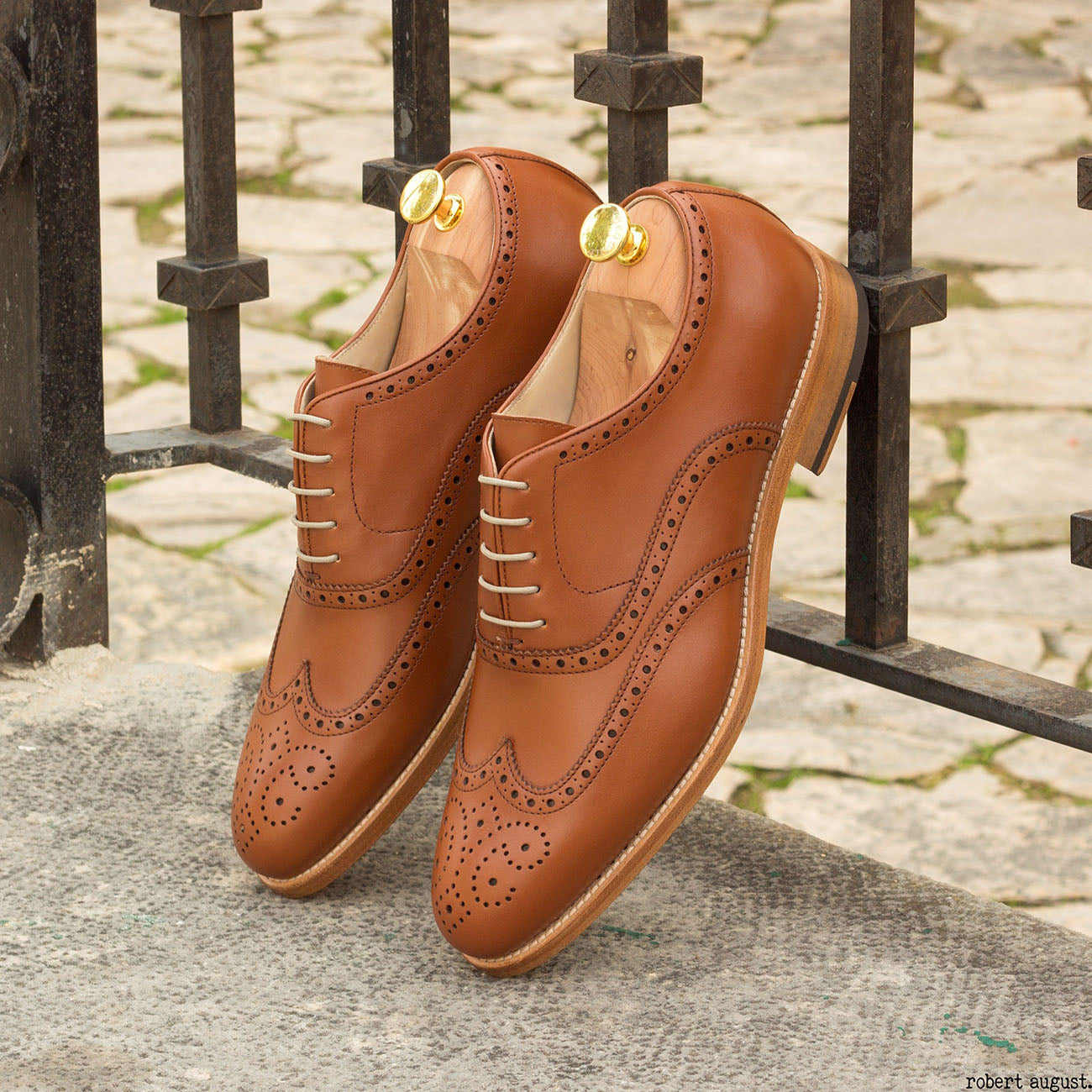 Tan Leather Formal Oxford Wingtip Brogue Lace Up Shoes for Men with Leather Sole. Goodyear Welted Construction Available.