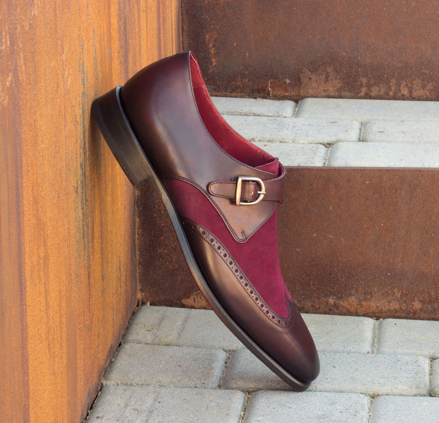 Burgundy Suede Leather Formal Wingtip Brogue Single Monk Strap Buckle Shoes for Men with Leather Sole. Goodyear Welted Construction Available.