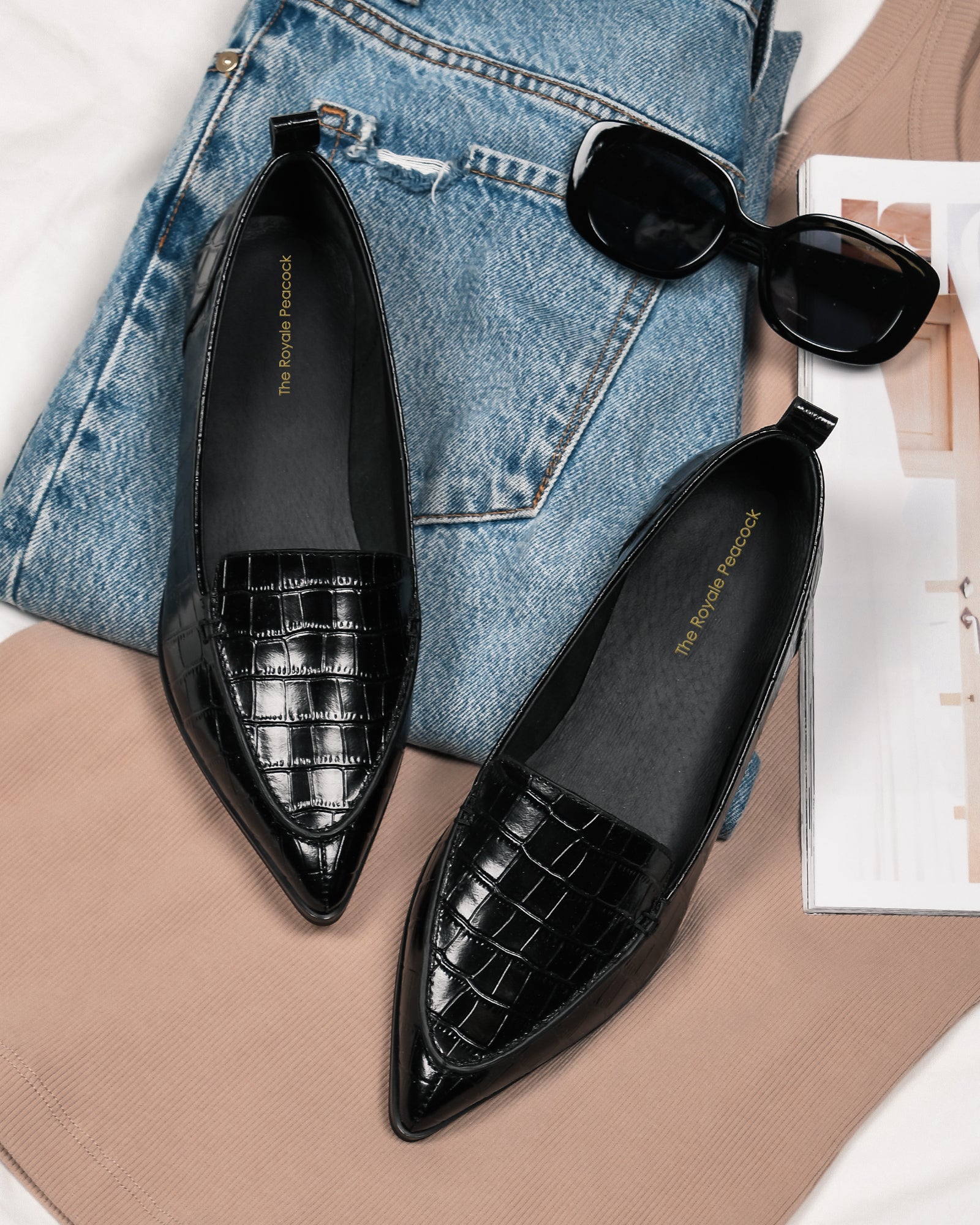 Black Crocodile Print Leather Flats for Women The Royale Peacock