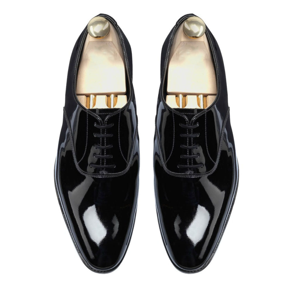 Black Patent Leather Formal Oxford Lace Up Shoes for Men with Leather Sole. Goodyear Welted Construction Available.