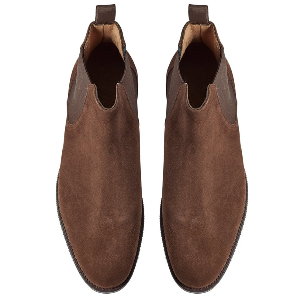 Brown Suede Leather Formal Chelsea Boot Slip On Shoes for Men with Leather Sole. Goodyear Welted Construction Available.