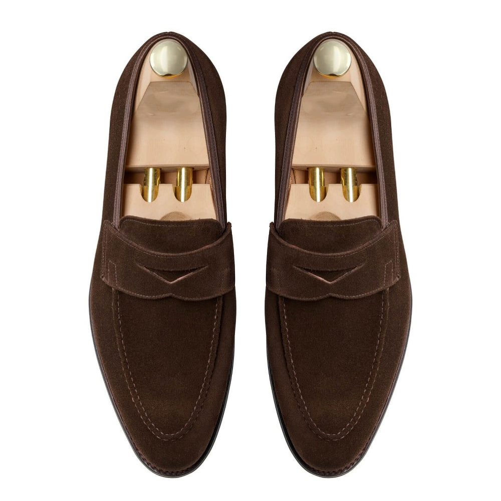 Dark Brown Suede Leather Formal Penny Loafer Slip On Shoes for Men with Leather Sole. Goodyear Welted Construction Available.
