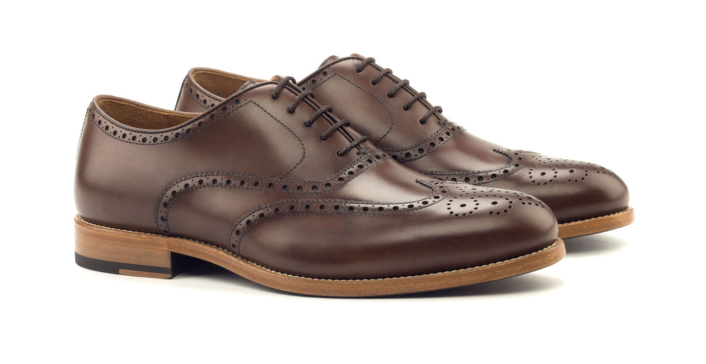 Dark Brown Leather Formal Oxford Wingtip Brogue Lace Up Shoes for Men with Leather Sole. Goodyear Welted Construction Available.