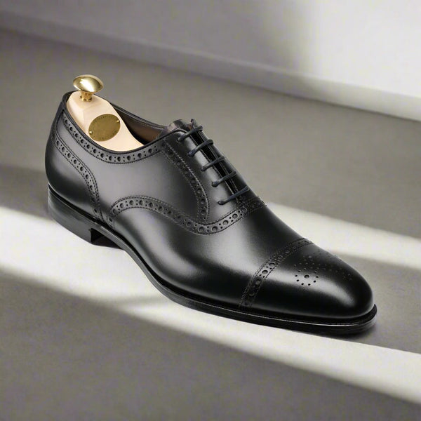 Black Leather Formal Toe Cap Brogue Oxford Lace Up Shoes for Men with Leather Sole. Goodyear Welted Construction Available.