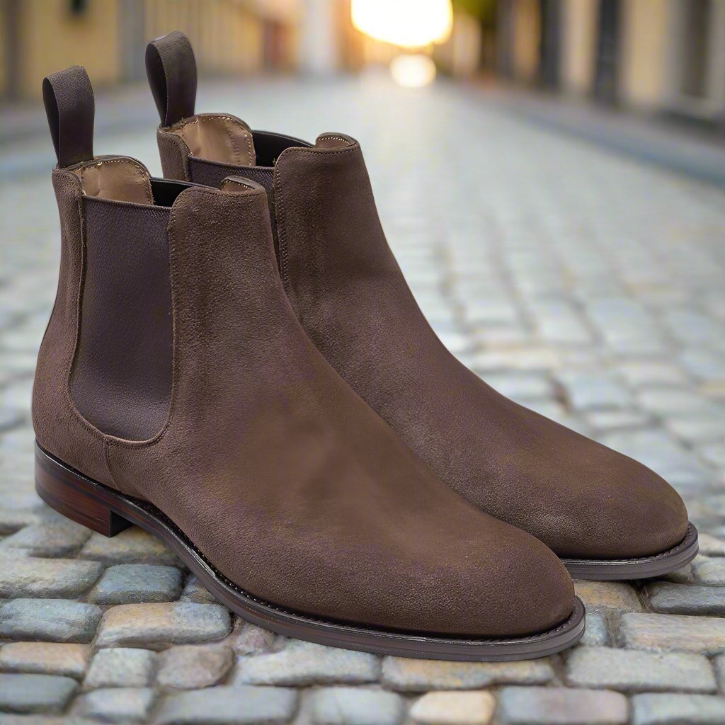 Brown Suede Leather Formal Chelsea Boot Slip On Shoes for Men with Leather Sole. Goodyear Welted Construction Available.