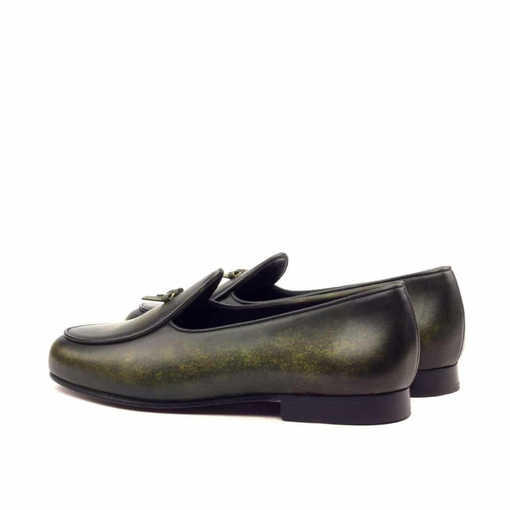 Olive Green Patina Finish Leather Formal Bow Loafer Belgian Slip On Shoes for Men with Leather Sole. Goodyear Welted Construction Available.